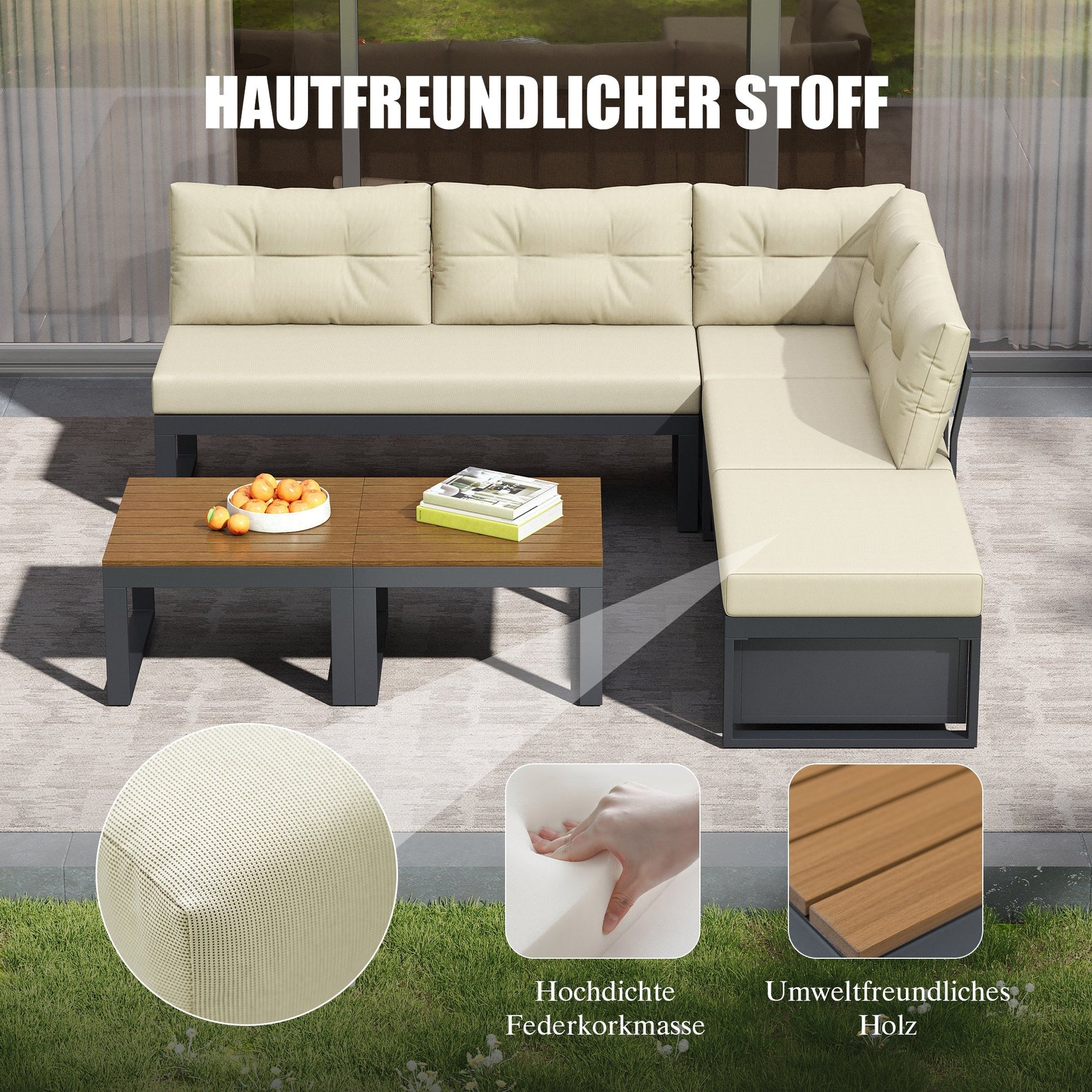 Garden Furniture Set with 3-Position Adjustable Reclining Backrest, Comfort Cushions and Storage, Beige