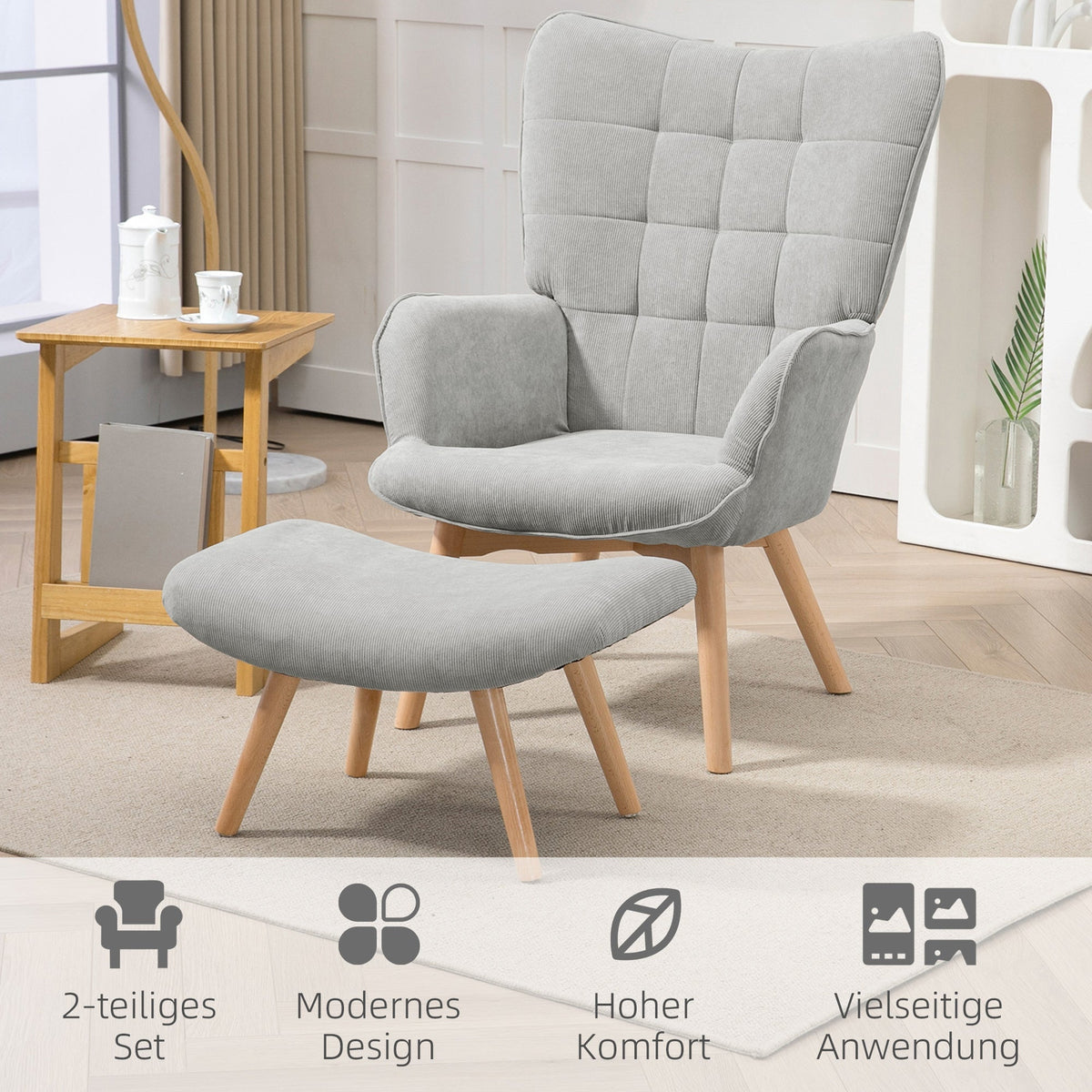 Wingback Chair with Footstool, Upholstered Relaxing Chair, Grey Corduroy
