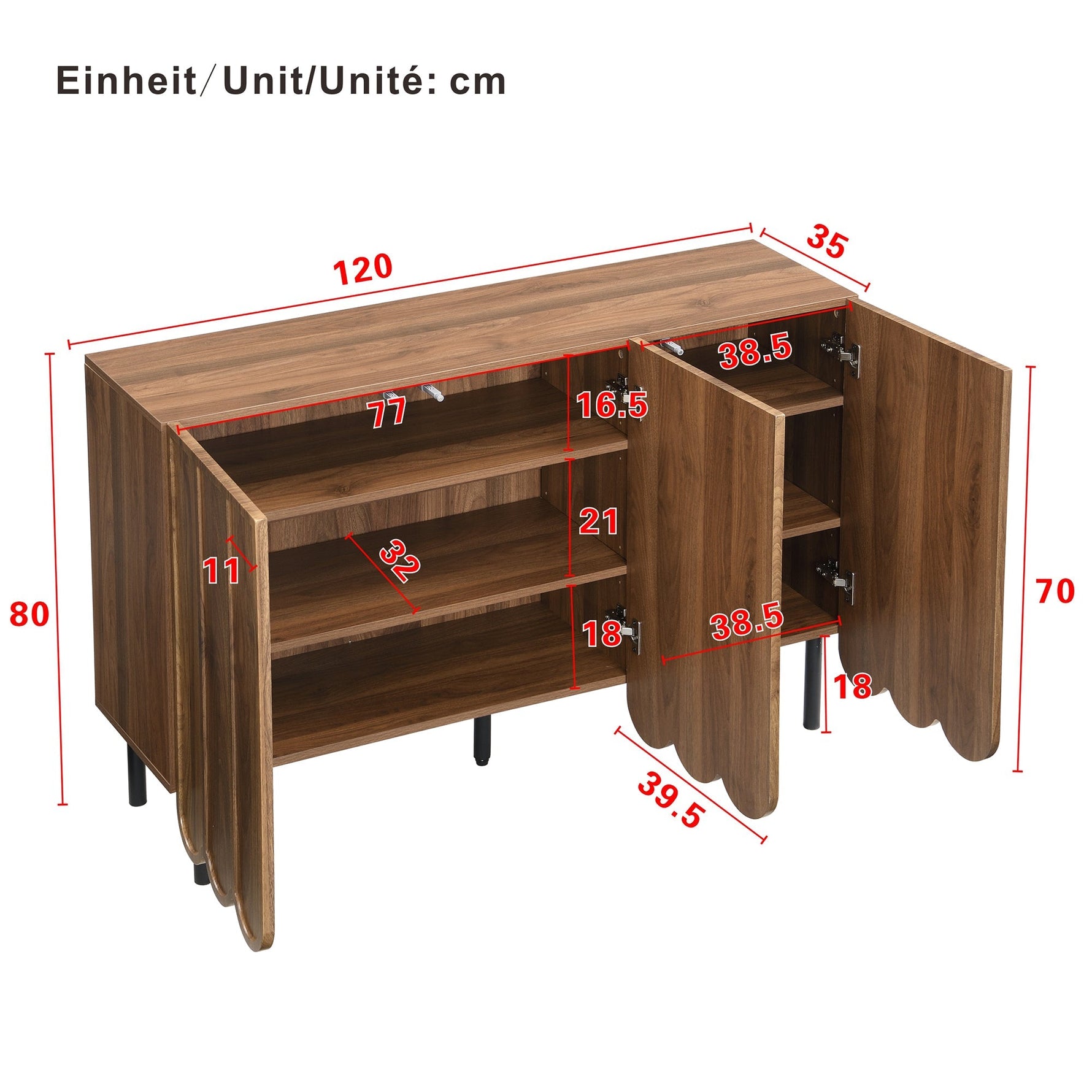 Sideboard - Wave Doors, Handleless, Adjustable Shelves, 120x35x80 cm - Wood