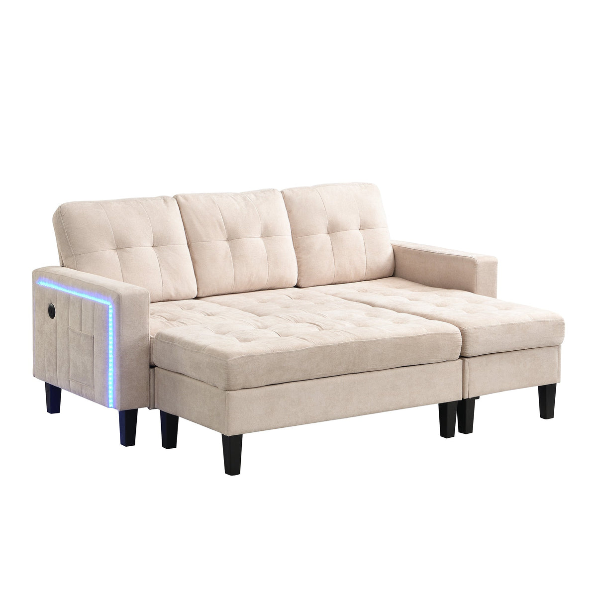 Multifunctional L-shaped Sofa Set with LED Lighting and Footstool, Modular Design