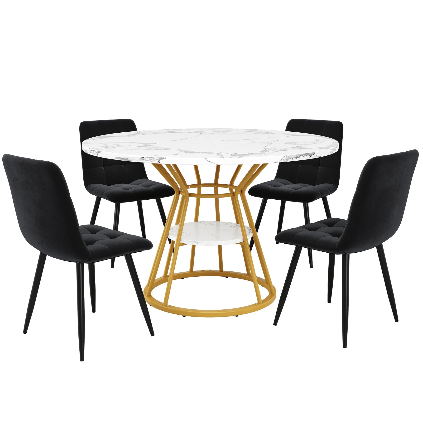 5-Piece Round Dining Table Set with 4 Velvet Chairs and Marble Top, Black