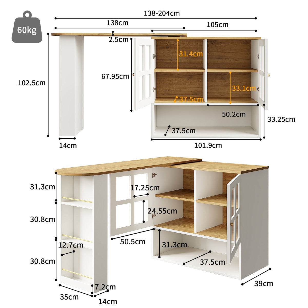 360° Rotating Sideboard - Multifunctional Dining Bar, 5 Shelves & Glass - White