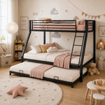 Metal Bunk Bed with Pull-Out Bed, 3 Sleeping Places, Black