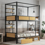 Bunk Bed, Iron & MDF, Double Shelf, Under Bed Storage, Black & Natural