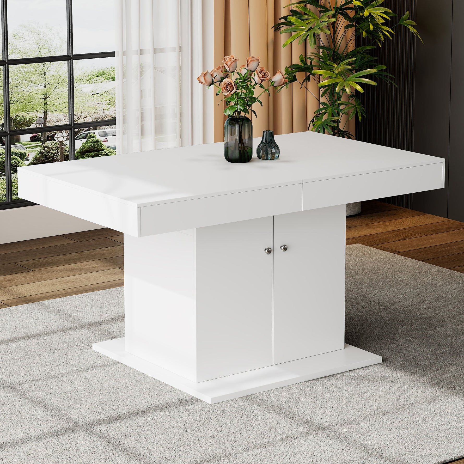 Extendable Dining Table with Storage and Automatic Telescopic Function, White