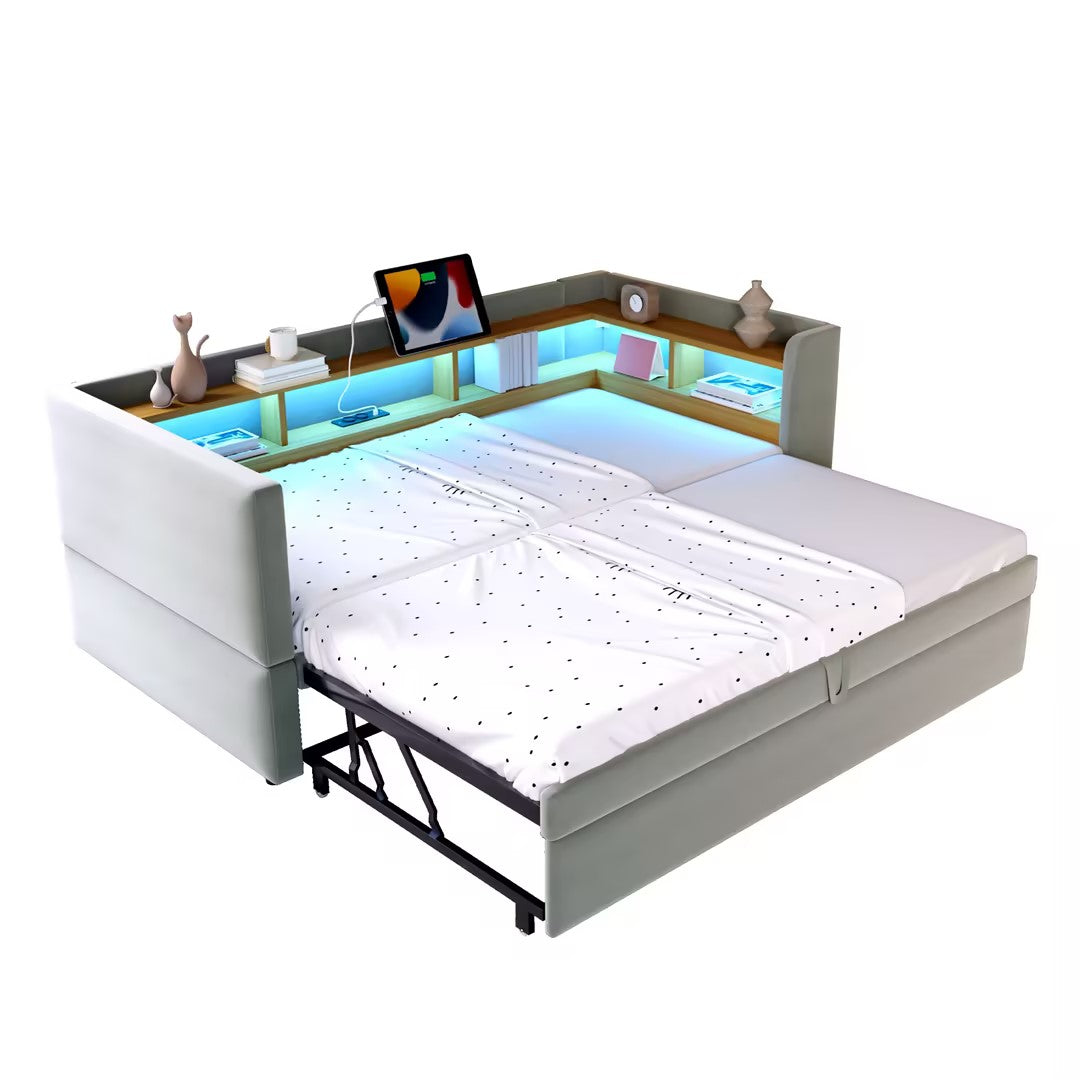 Upholstered Sofa Bed Extendable 90/180x190cm LED Lights Storage Light Grey