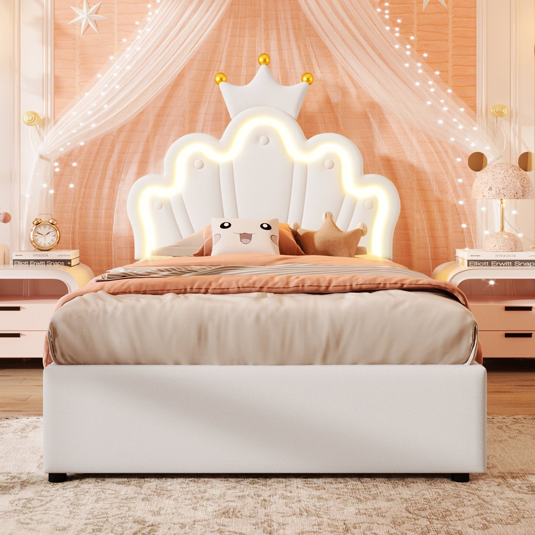 Upholstered Bed 90x200cm Hydraulic Storage LED Crown Adjustable Headboard - PU White