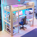 Loft Bed 90x200cm with LED Light & Storage Stairs, White Metal