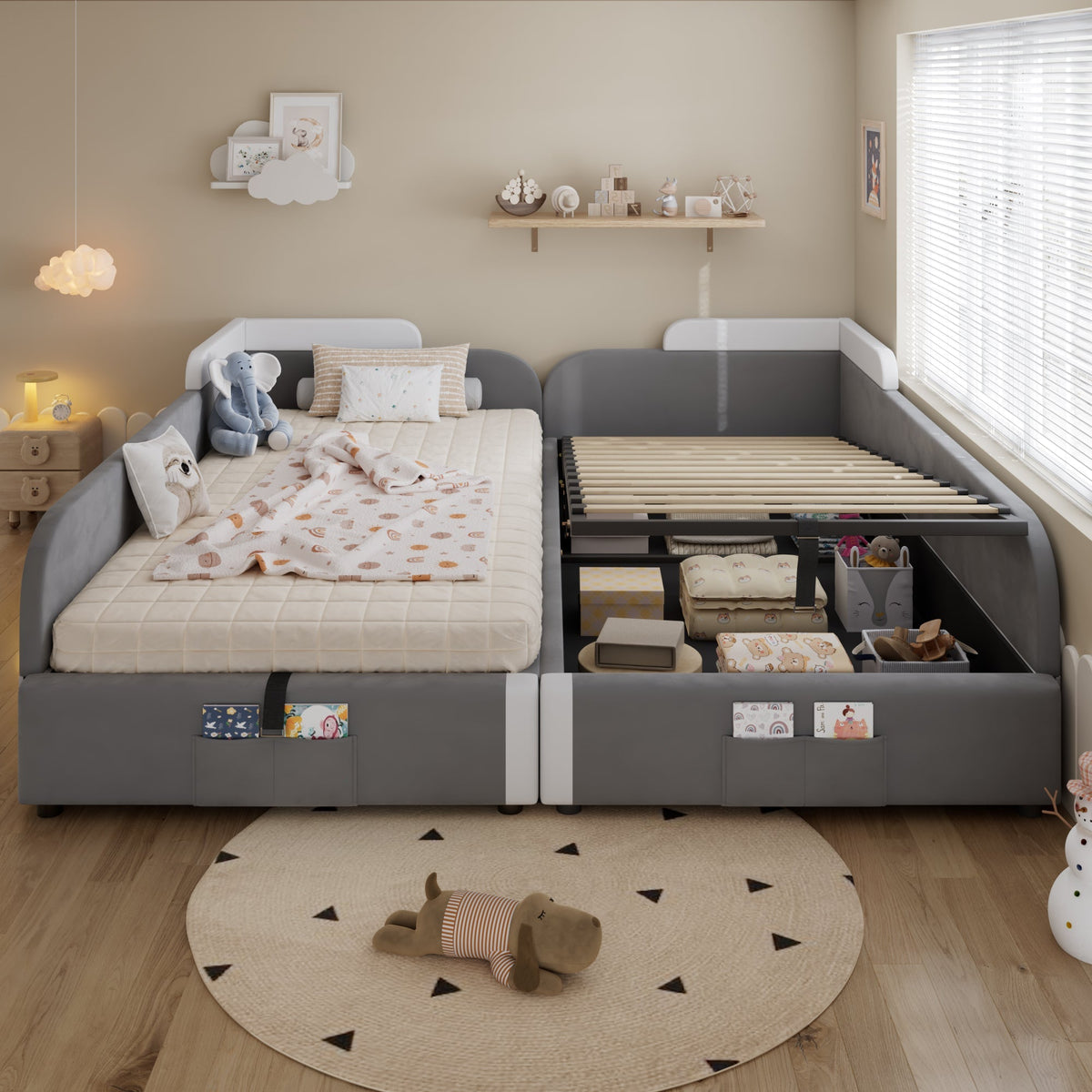 Upholstered Bed, Combined Children's Hydraulic with Storage, Grey Velvet & Plywood