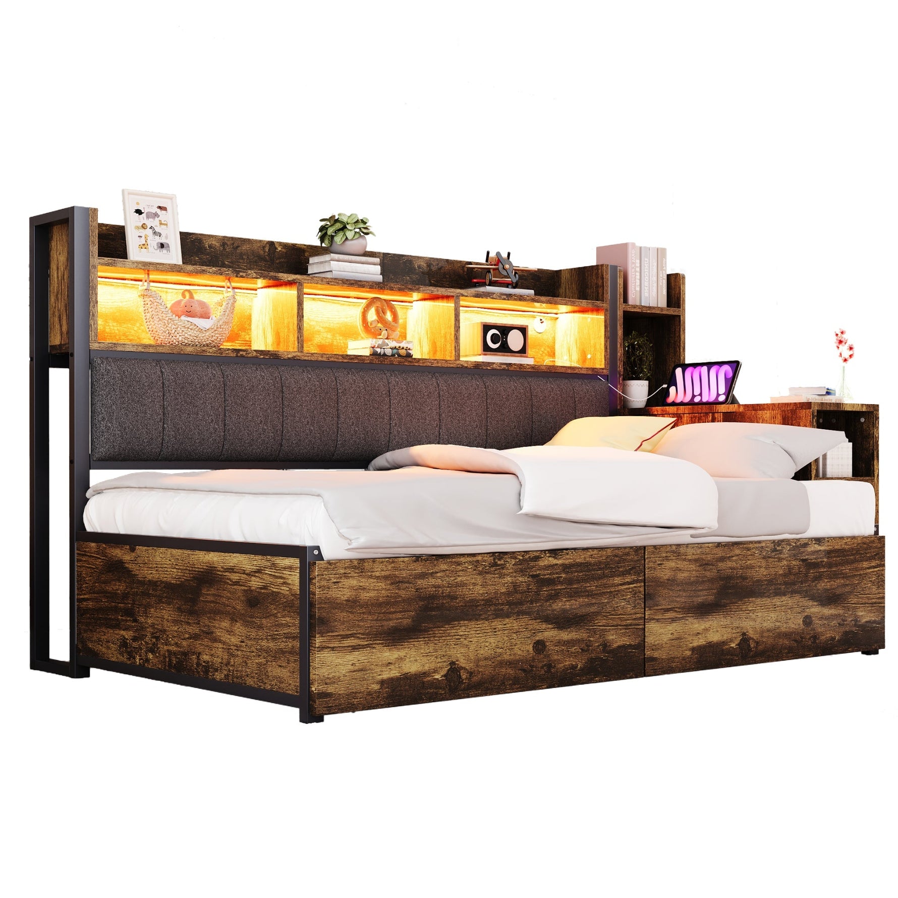 Iron Sofa Bed 90x200cm, Storage, Desk, LED/Sockets - Wood Color