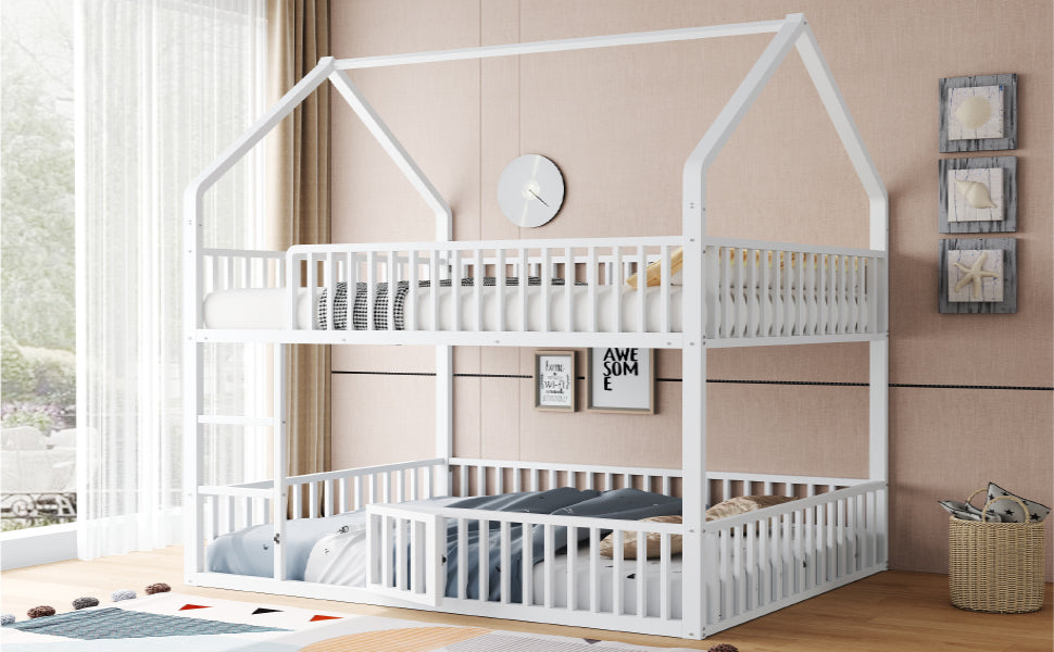 Children's Bunk Bed 140*200, Double Bed with Stairs & Loft Design, White Metal