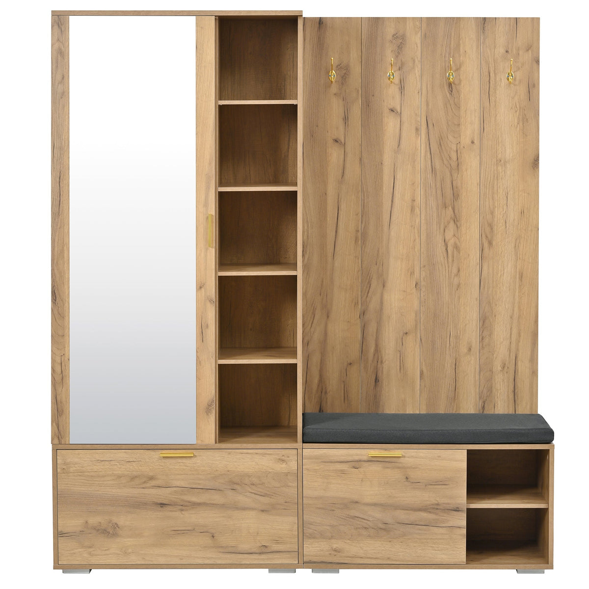 Wardrobe Set with Mirror, Shoe Bench and Coat Rack, Wood Color