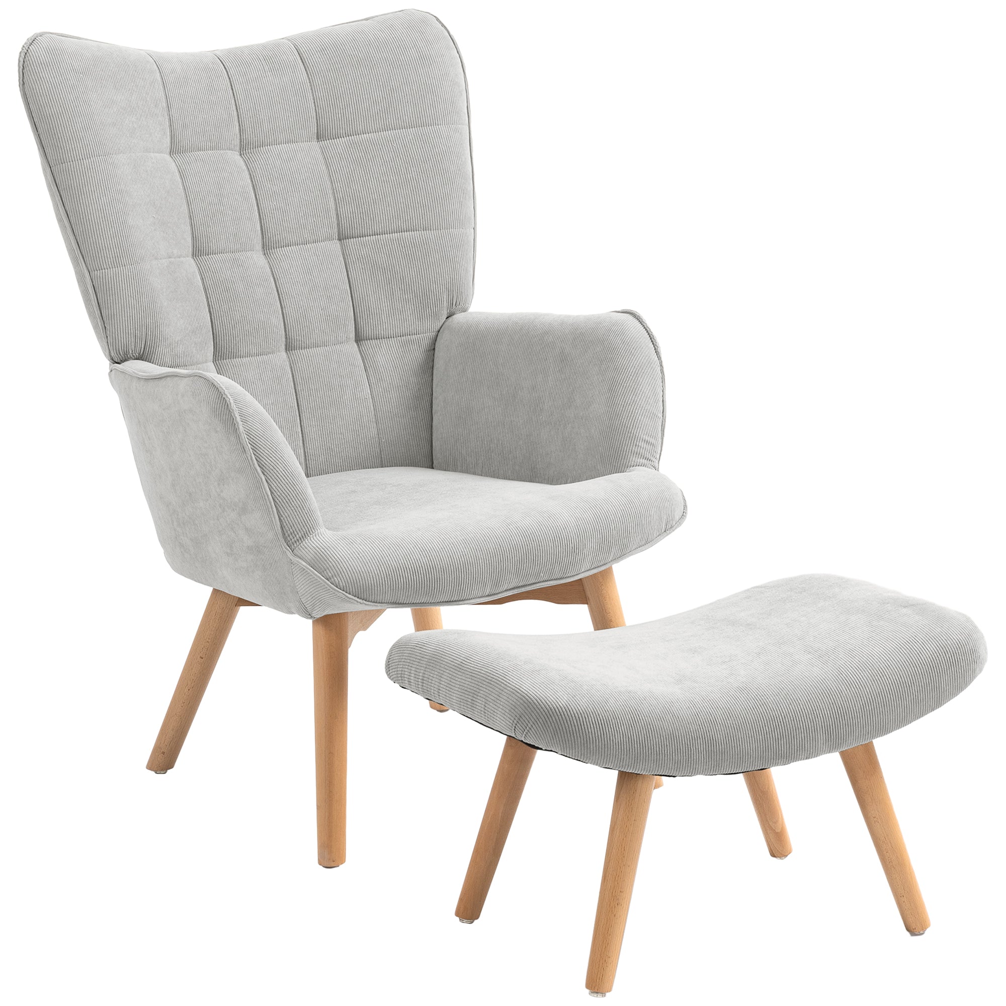 Wingback Chair with Footstool, Upholstered Relaxing Chair, Grey Corduroy