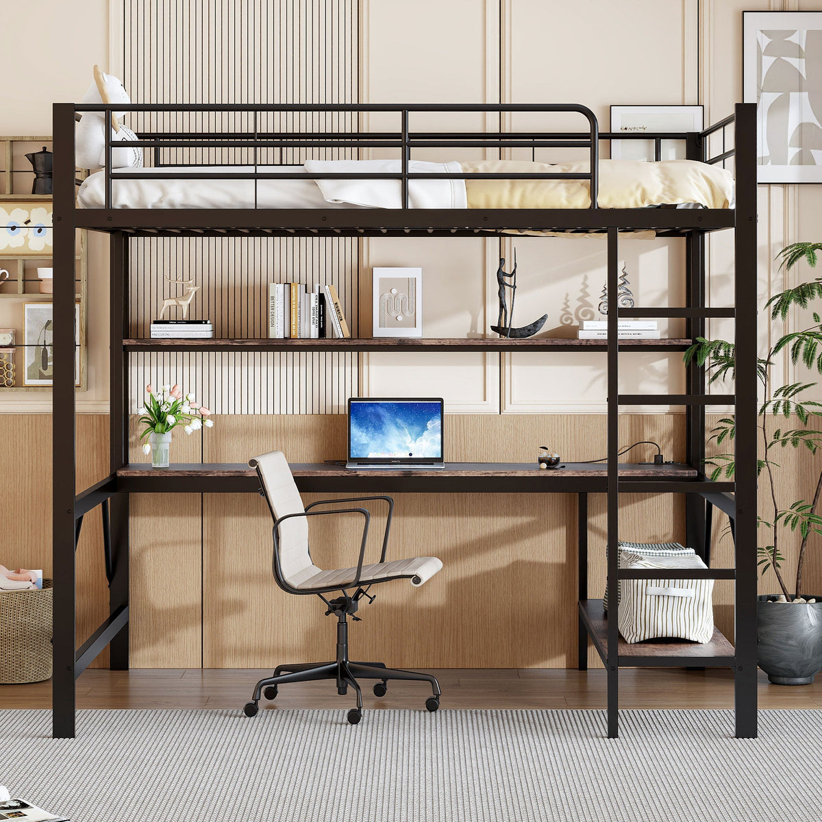 Loft Bed 140x200cm Desk LED USB/Power Outlet Shelf - Metal Black