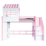 House Loft Bed 90x200cm with Storage Shelf & Stairs, Pink Iron