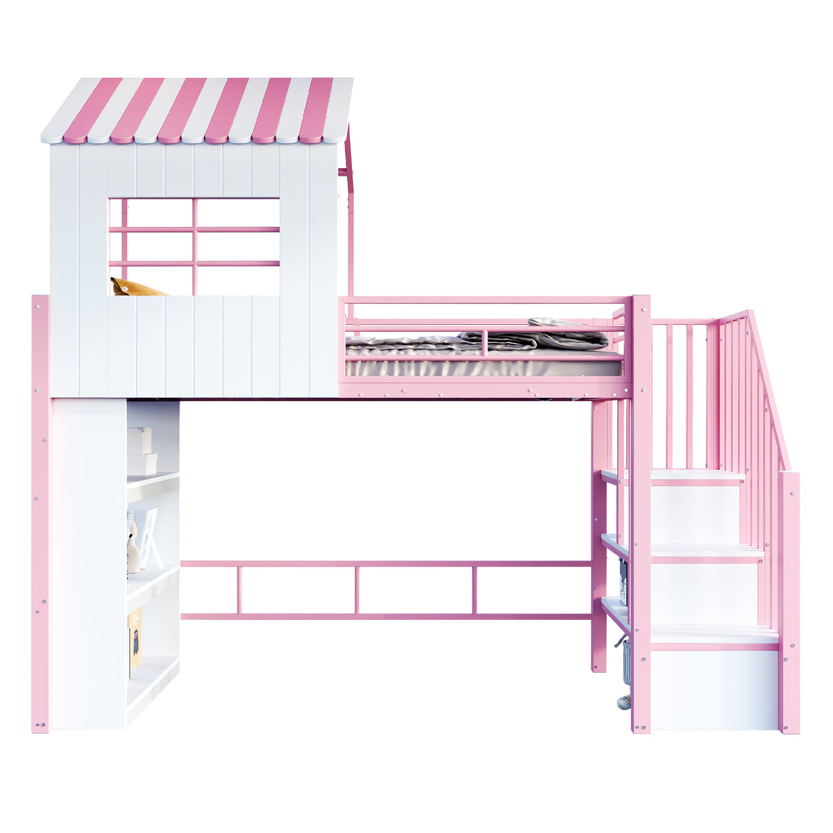 House Loft Bed 90x200cm with Storage Shelf & Stairs, Pink Iron