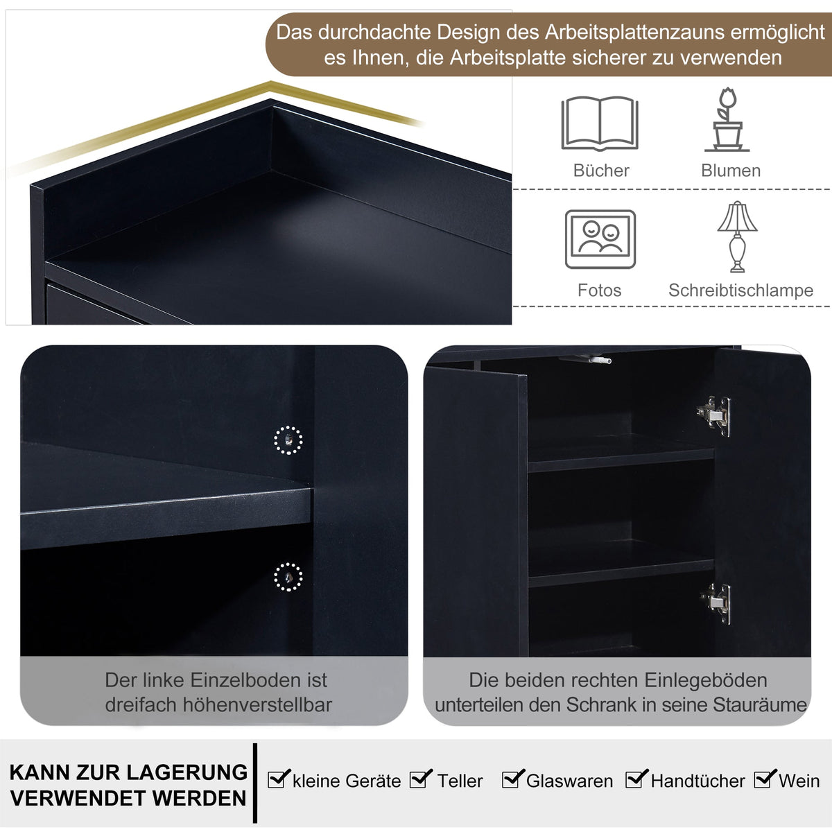 Sideboard, Minimalist 4-Door Handleless Buffet, Black