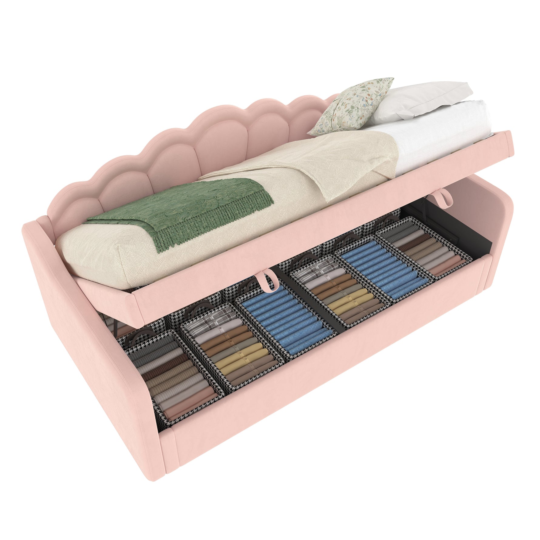 Daybed Sofa Bed 90x200cm Hydraulic Storage LED - Velvet Pink