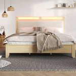 Double Wooden Bed, 160x200cm, Headboard Storage, LED, Light Oak