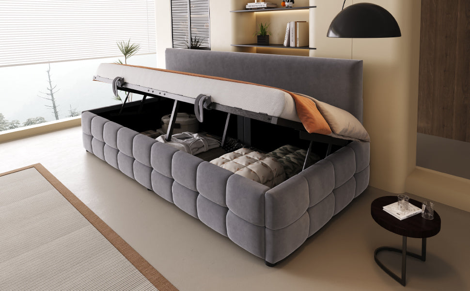 Upholstered Sofa Bed 90x200cm, Hydraulic Storage, Backrest, Check Pattern, Dark Grey Velvet