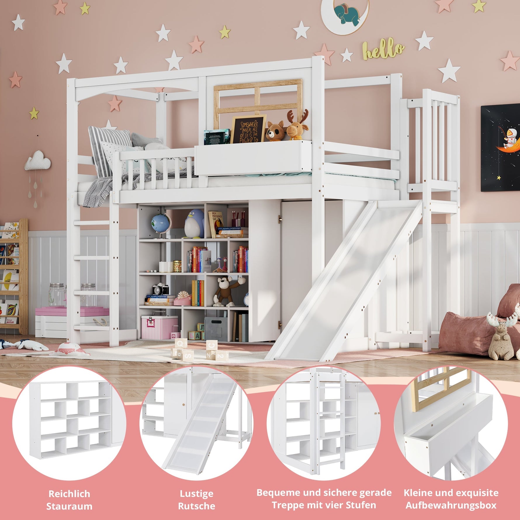 Bunk Bed Children's Slide Wardrobe Storage 90x200cm, Pine/White