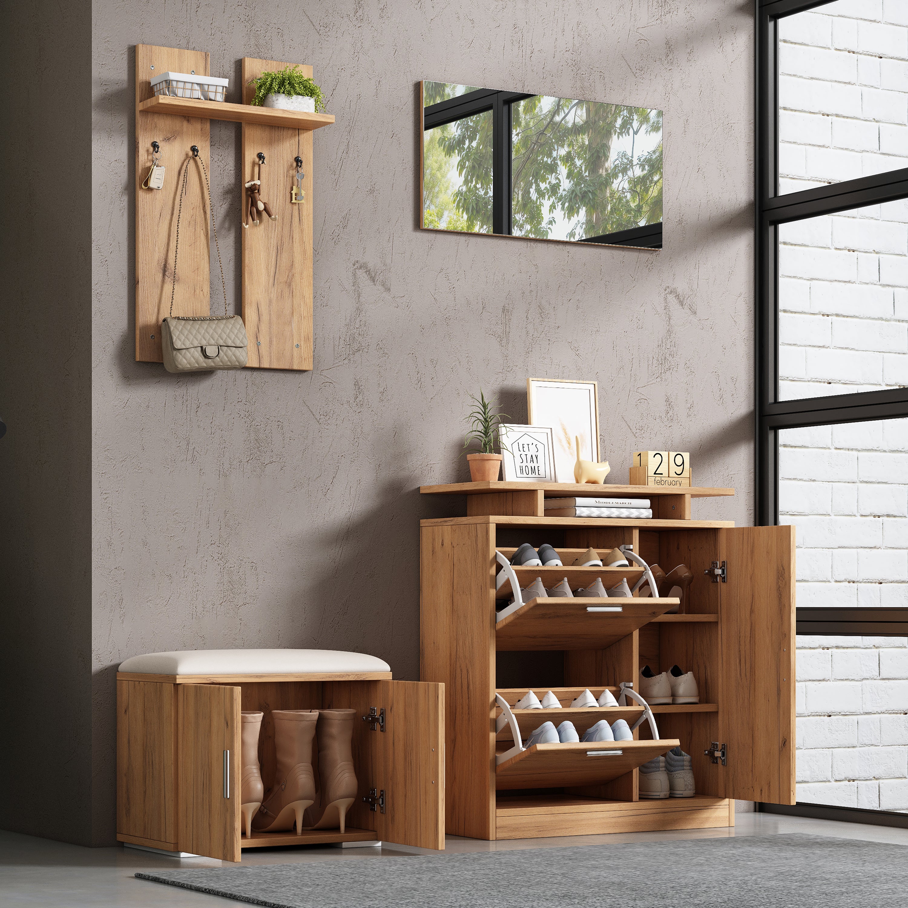 Hallway Wardrobe Set, Shoe Bench and Cabinet with Mirror, 4 Hooks, 5 Doors, Natural
