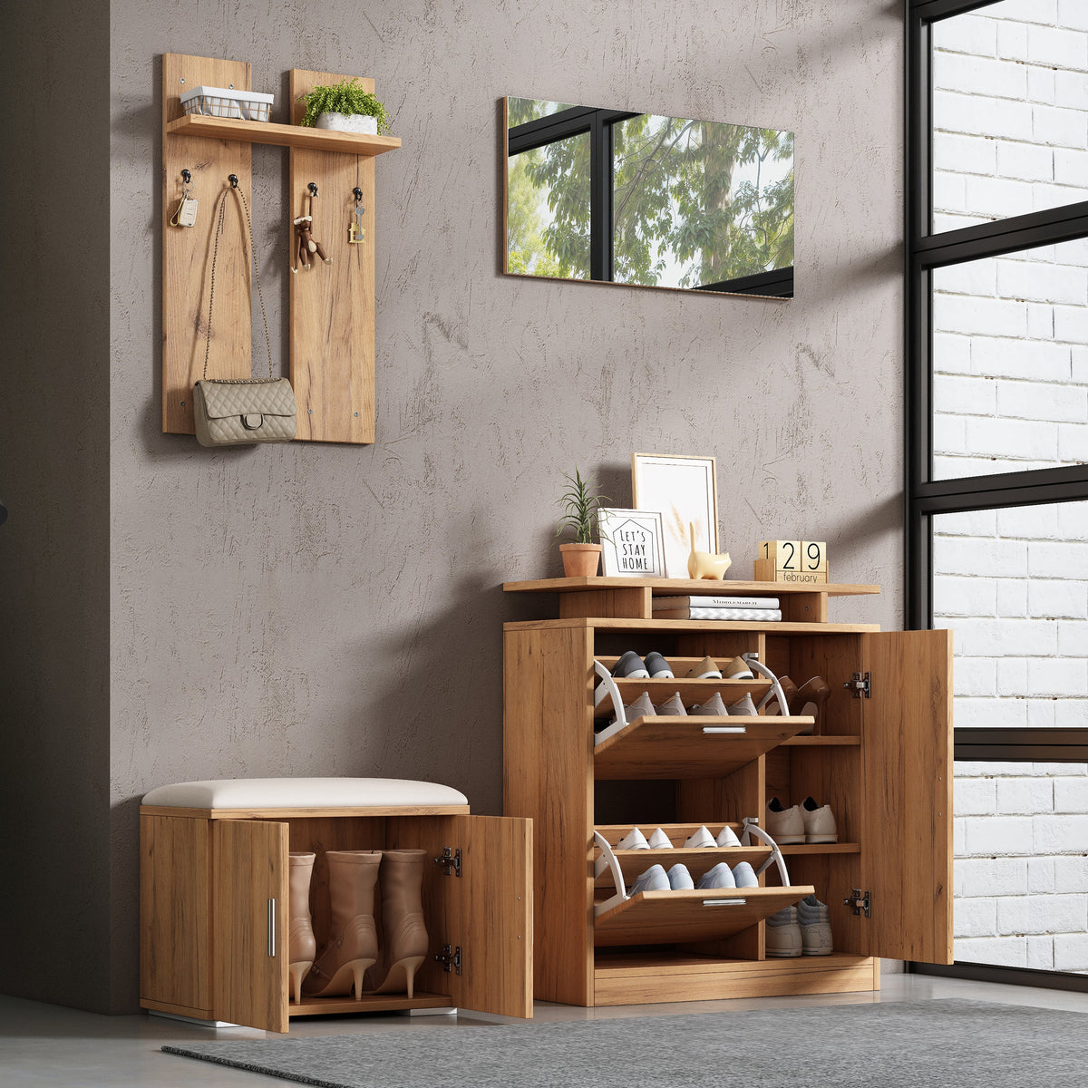 Hallway Wardrobe Set, Shoe Bench and Cabinet with Mirror, 4 Hooks, 5 Doors, Natural