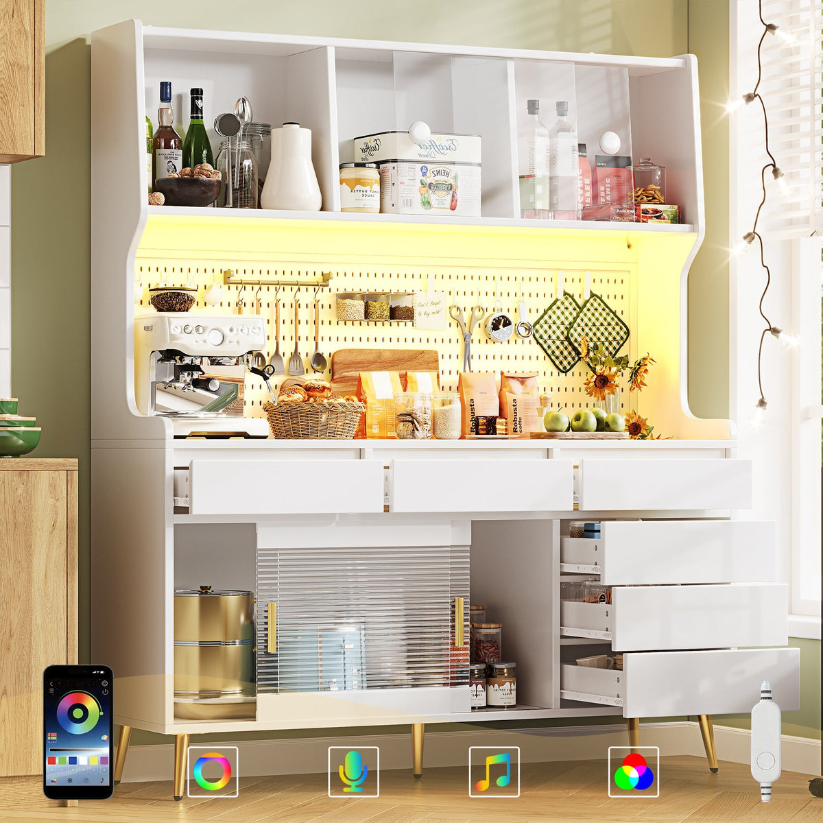 Modern Tall Cabinet with LED & App Control, Pegboard Storage - White