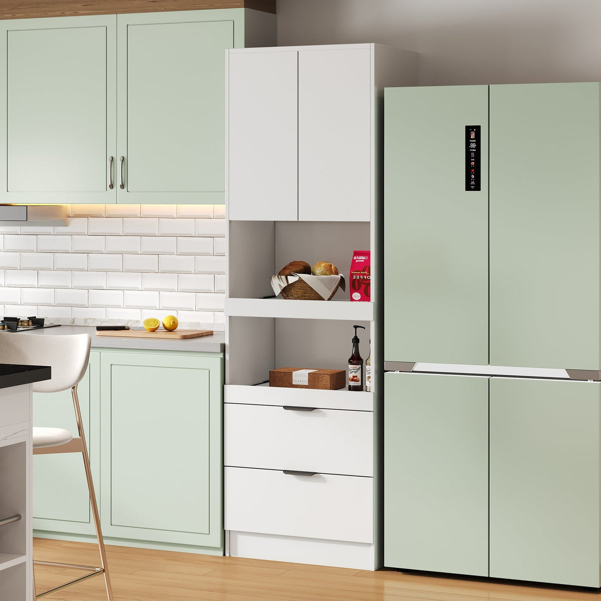 Tall Storage Cabinet 200cm High Doors Drawers Microwave Shelf - White