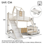 Bunk Bed, 90x200 & 140x200cm, House Loft with Drawer & Slide, Log Cabin Design