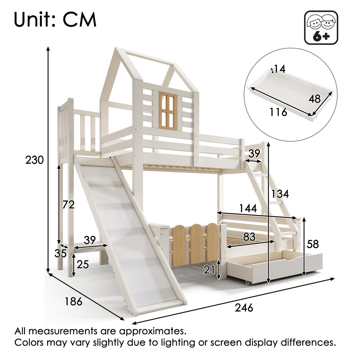 Bunk Bed, 90x200 & 140x200cm, House Loft with Drawer & Slide, Log Cabin Design