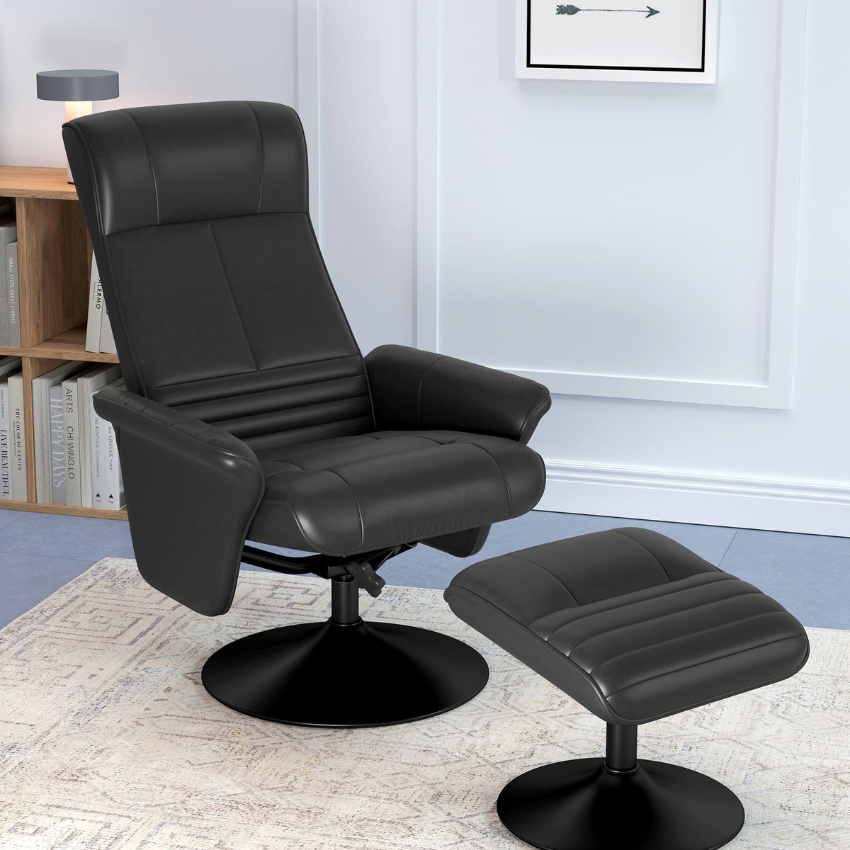 Recliner Chair with Footstool, Swivel Reclining TV, 150kg Load, Microfiber Cloth, Black