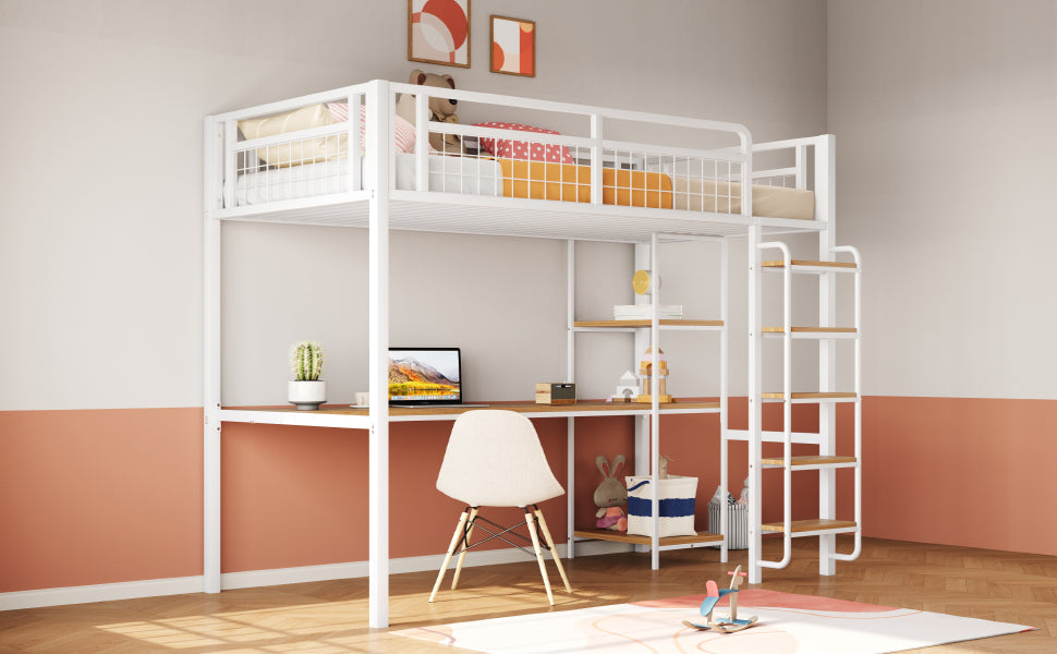 Metal Loft Bed with Safety Ladder, Table & Shelves, White