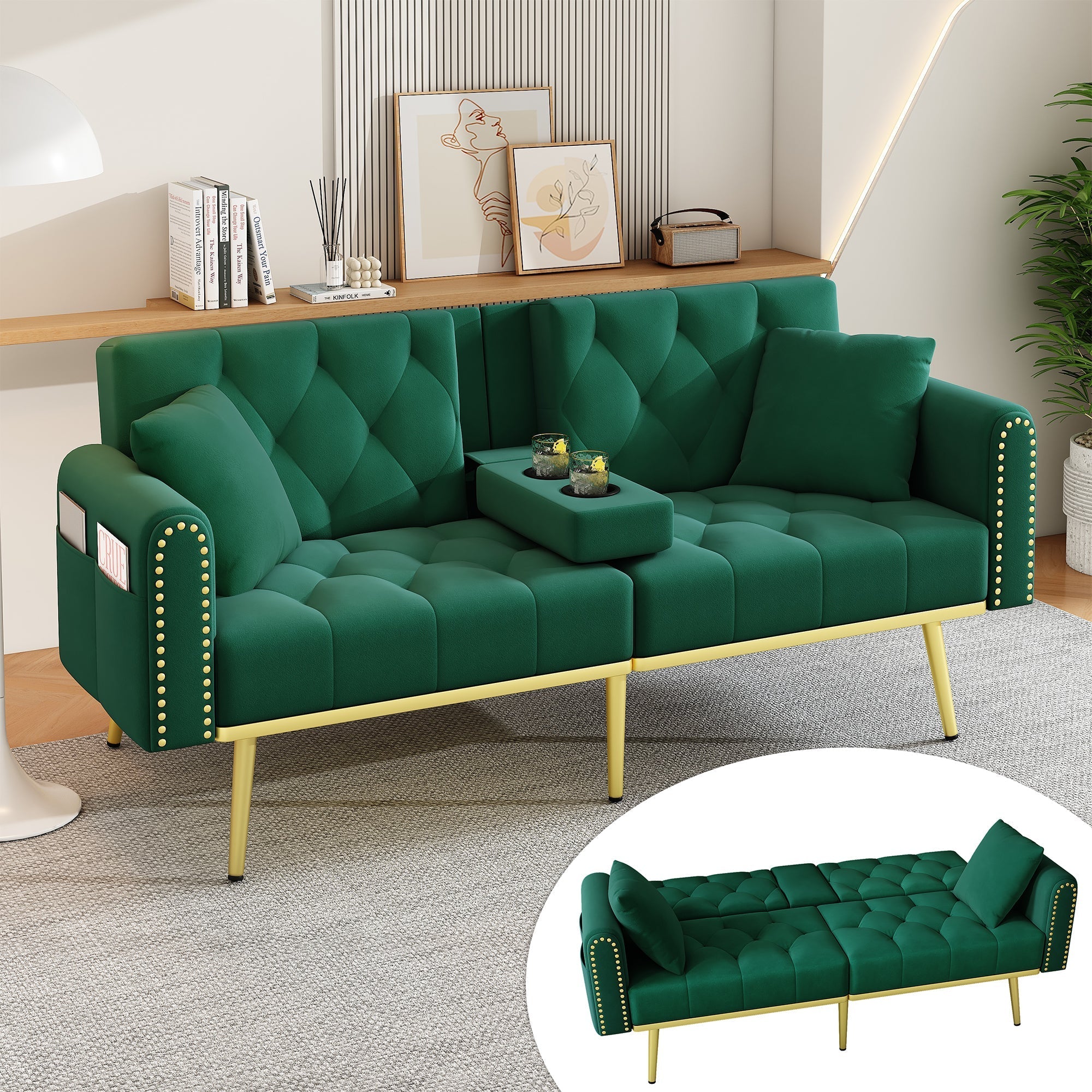 Double Fold-out Sofa Bed Reclining 3-Angle Cup Holders - Fabric Green