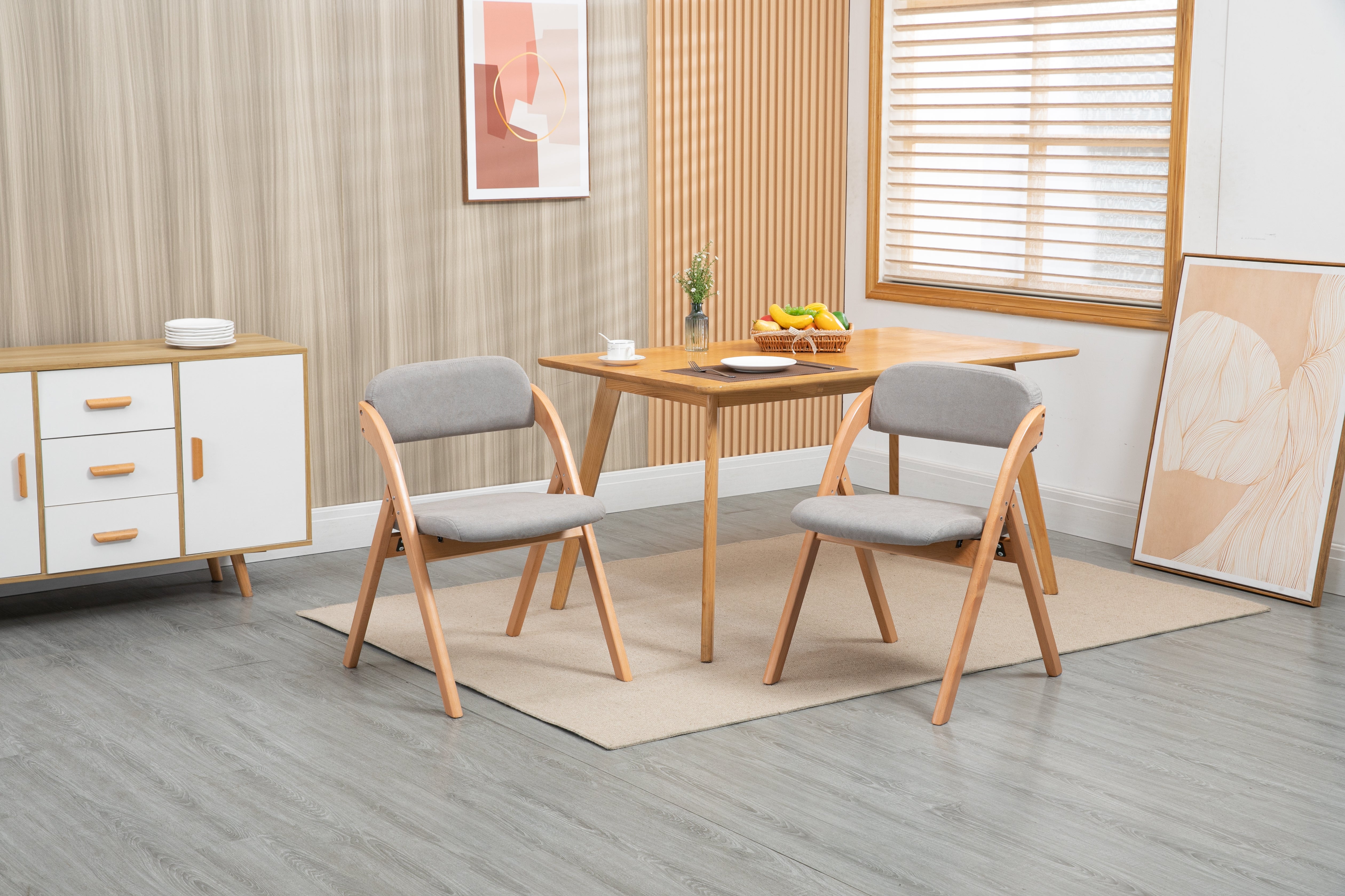 Folding Dining Chairs Set of 2 Padded Stackable Wooden Removable Cover Grey