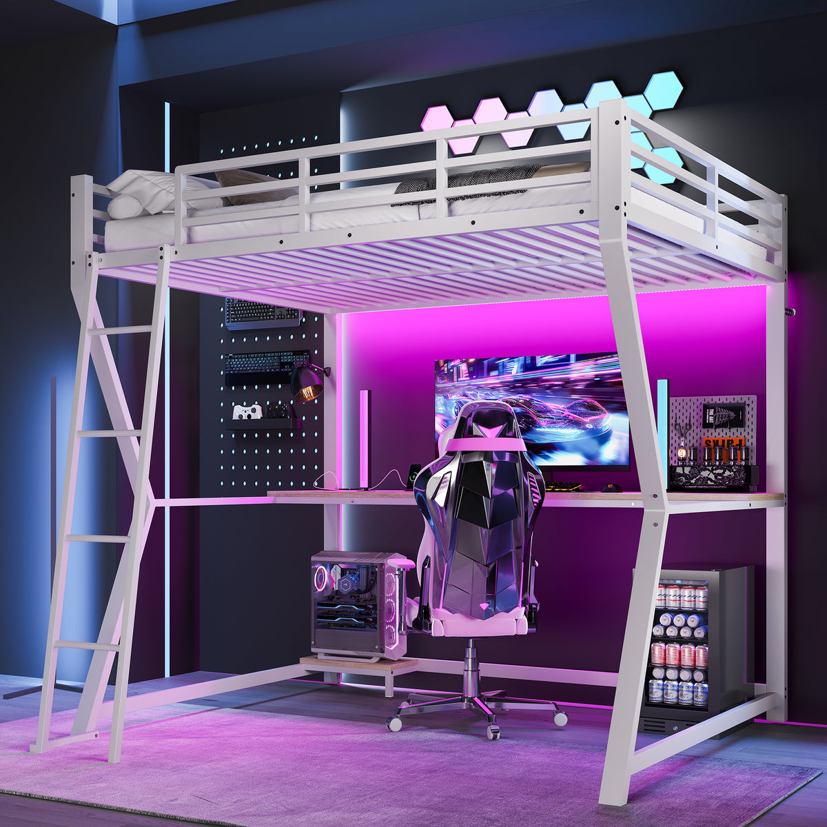 Loft Bed 140x200cm with Desk, LED Lights & USB, White