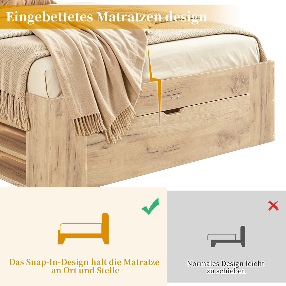 Single Storage Bed 90x200cm with USB & Drawers, Natural Wood