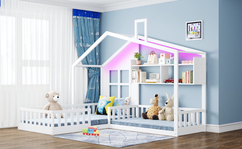 Children's Bed with Window, Shelves and LED Light Strip, 90x200cm, White Solid Wood