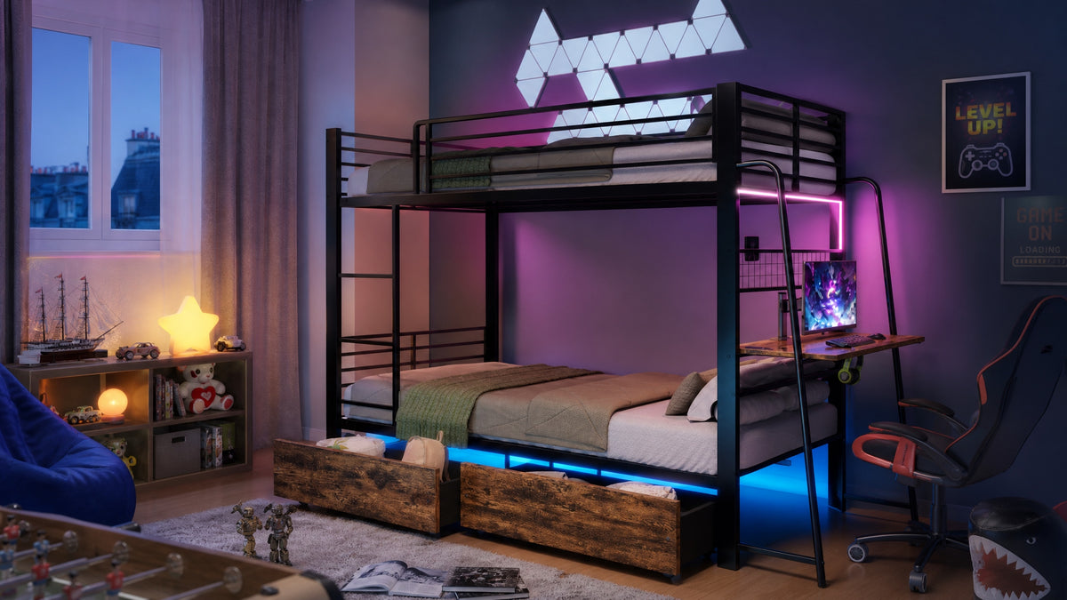 Kids House Loft Bed 90x200cm with Slide & LED, Pink Metal
