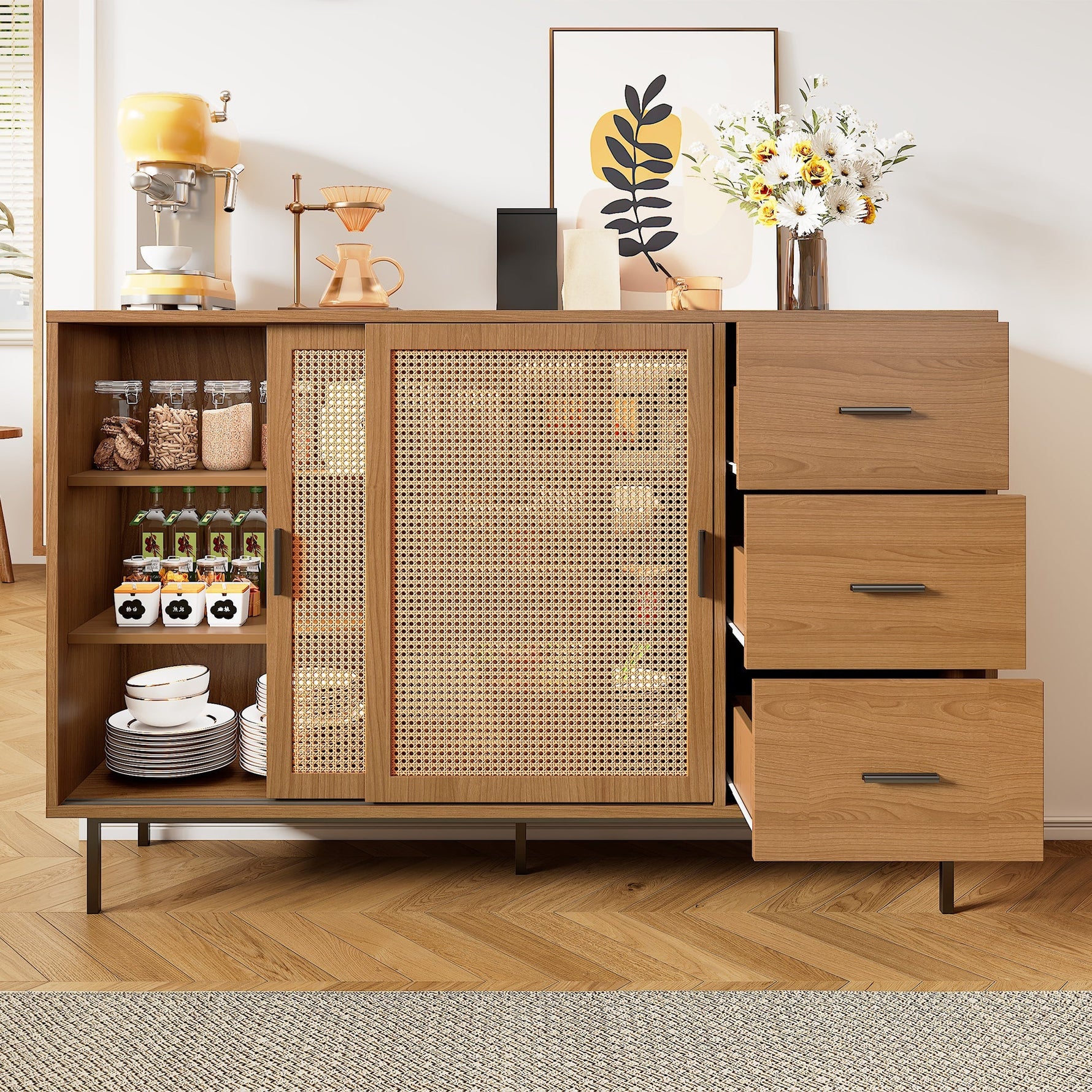 Country-style sideboard with two sliding doors and three drawers, adjustable shelves, in wood.