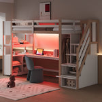 Wooden Loft Bed 90x200cm Wardrobe Desk Storage Stairs LED Sockets Wood Color
