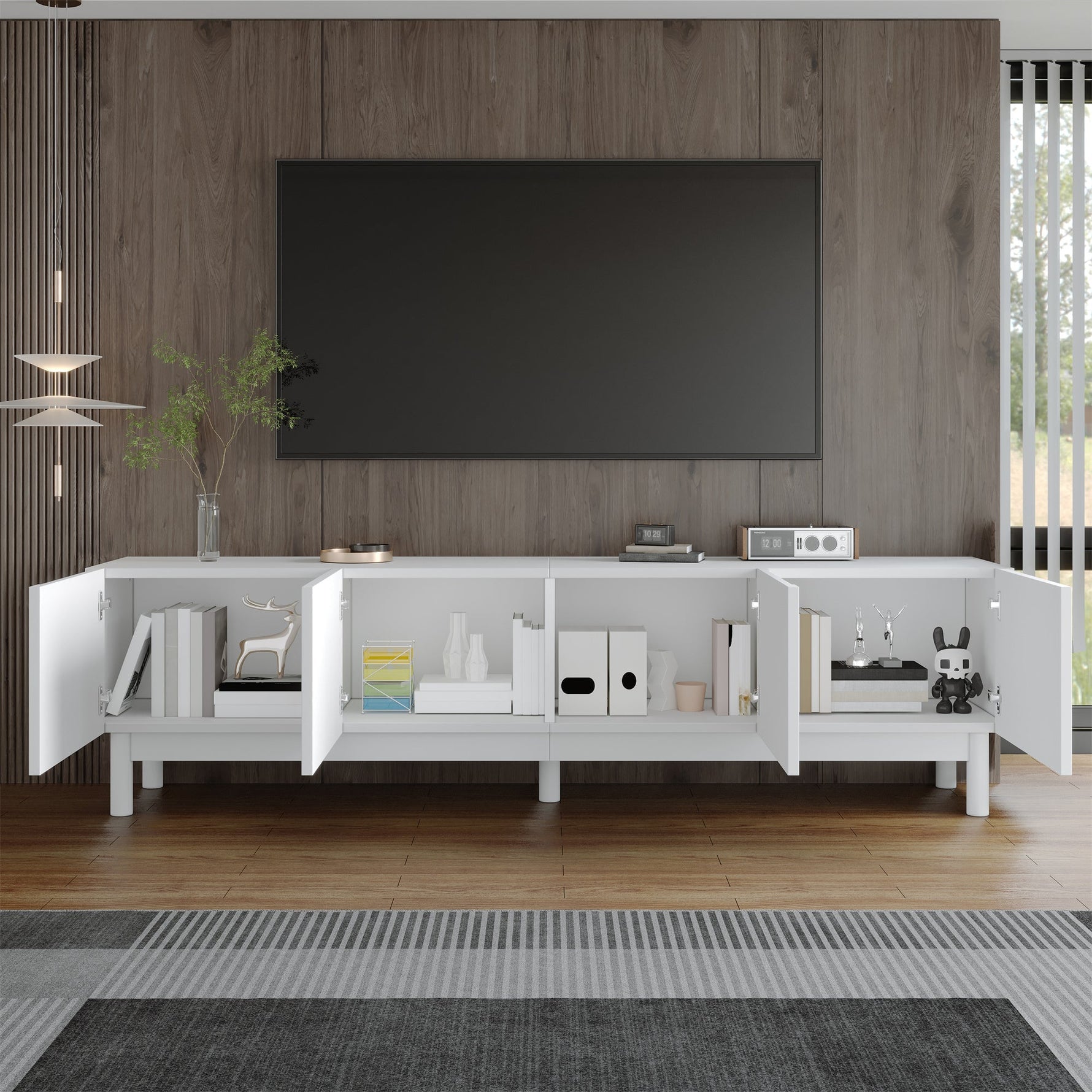Lowboard TV Cabinet with Curved Doors, Shelves & Stabilizing Legs