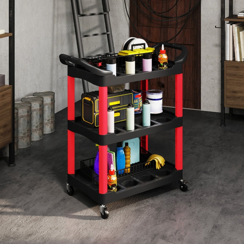 Workshop trolley 3 levels, tool trolley with handle, 91 kg load capacity, red + black