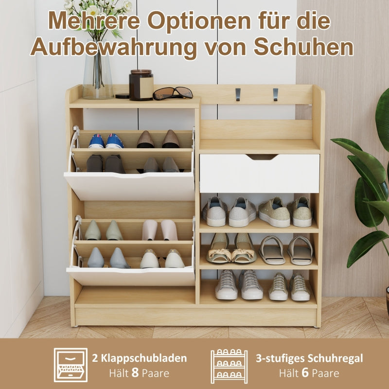 Shoe Rack with Tilting Drawers, Open Shelves, 4 Hooks, 14 Pairs, Natural