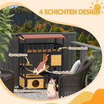 Cat House with Platforms, Hanging Bridge, 2 Cats, Wooden, Yellow