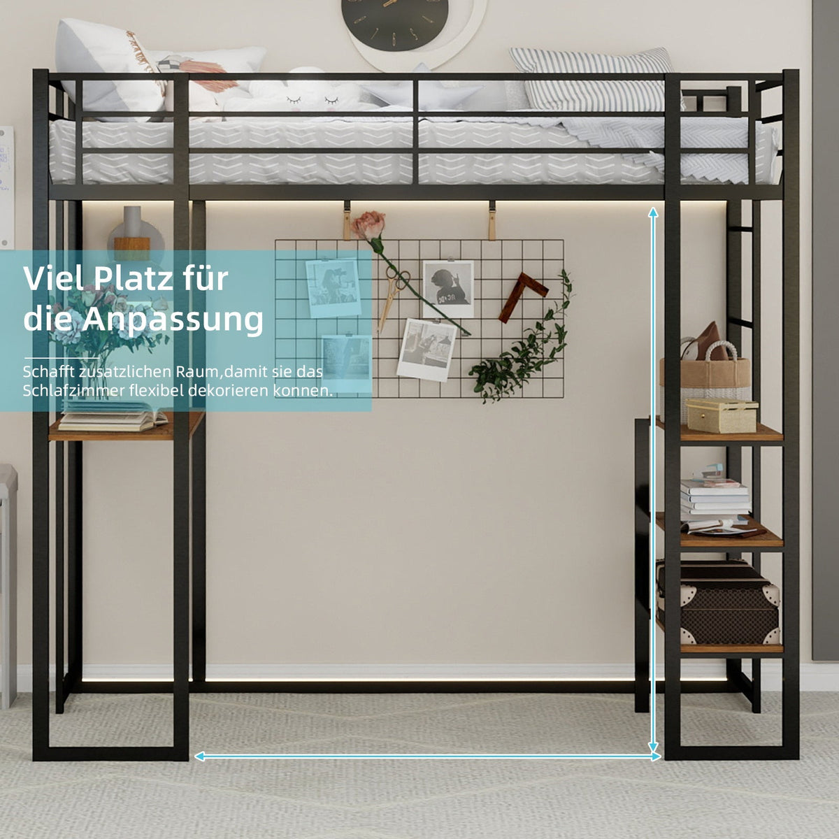 Iron Frame Bed, L-Shaped Desk, Railing & Reversible Stairs, Metal