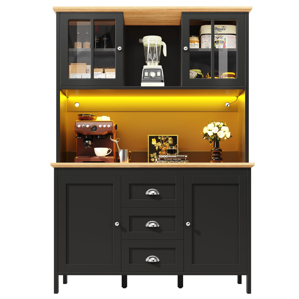 Tall Sideboard with LED Lighting, 4 Doors and 3 Drawers, White and Black