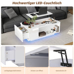 Coffee Table, Height-adjustable with Hidden Storage, LED Light & Drawer, White