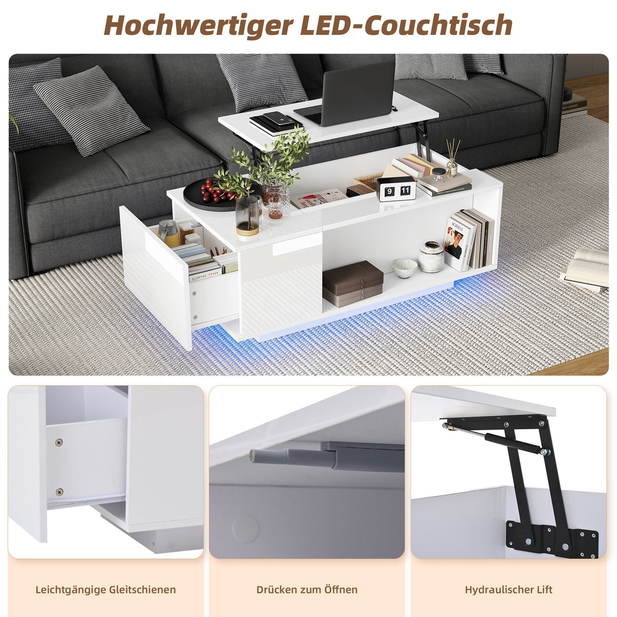 Coffee Table, Height-adjustable with Hidden Storage, LED Light & Drawer, White