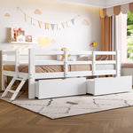 Wooden Platform Bed 90x200cm with Safety Railing & 2 Drawers, White